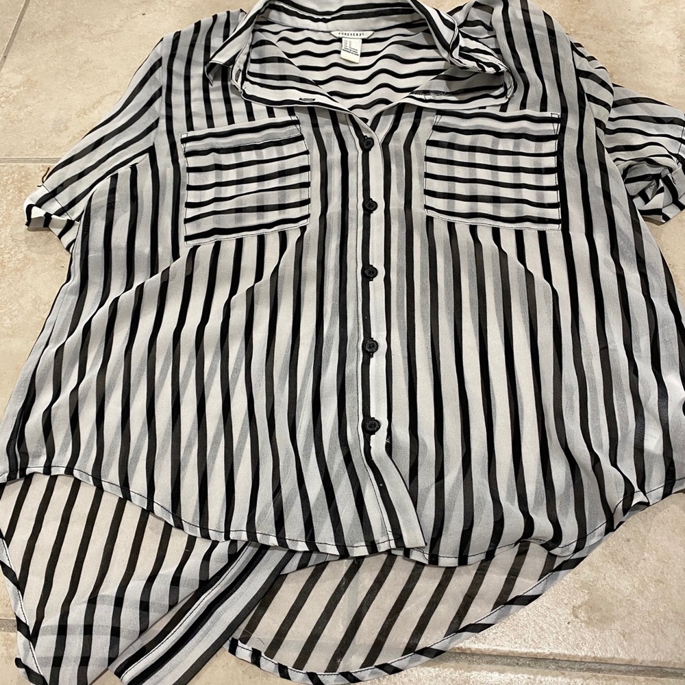 Black and white striped shirt sleeve button up